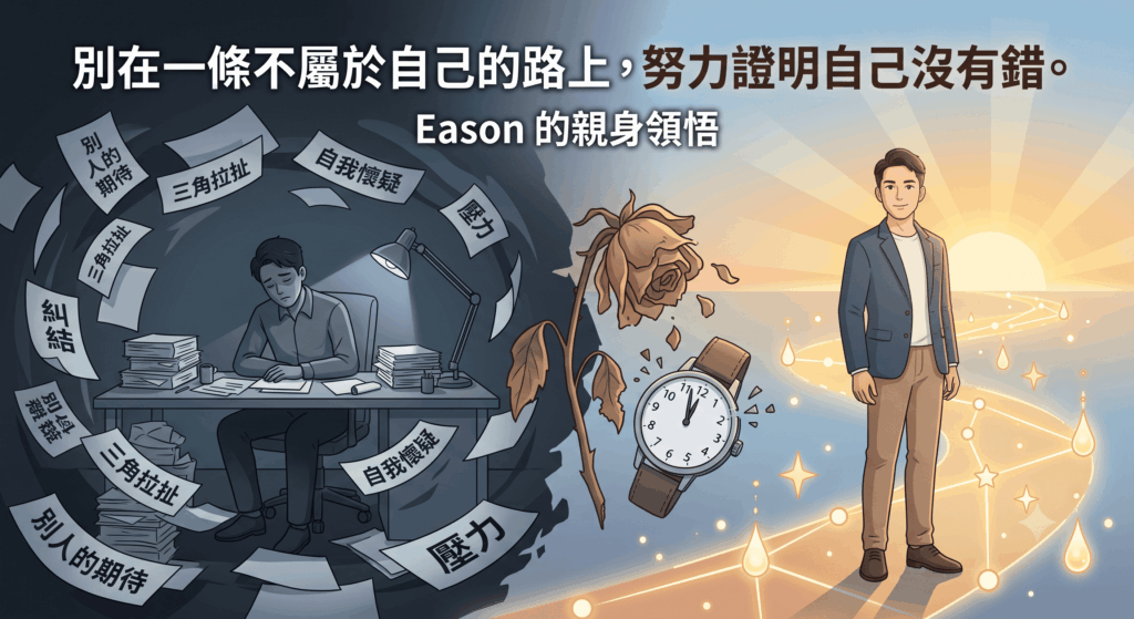 一幅關於 Eason 覺醒旅程的插畫：左側被他人期待和壓力（紙張）困住的疲憊男子，右側在曙光下踏上自我之路的自信男子。打破黑暗的是破碎手錶。標題：別在不屬自己的路上努力證明自己。