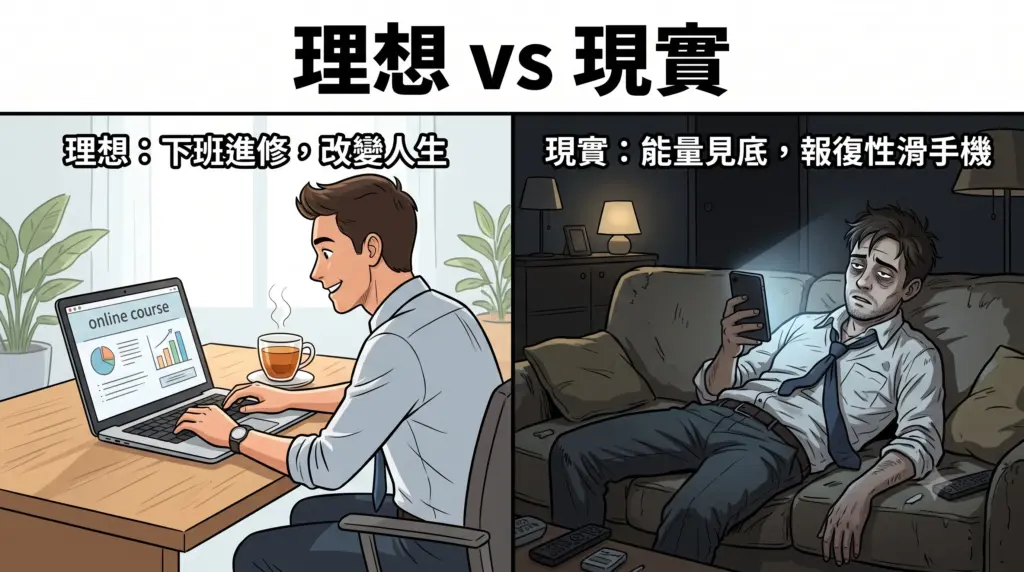 理想與現實對比圖：左半邊是精神奕奕地下班進修，右半邊是能量見底癱軟在沙發上滑手機。
