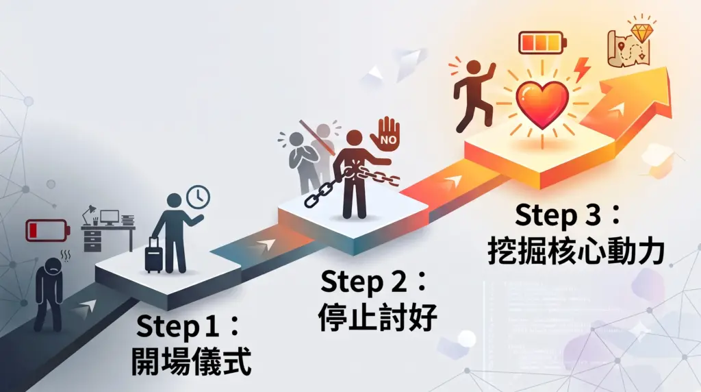 一張展示了一個分步自我提升的向上金色路徑。路徑分為三個主要階段：第一步是「開場儀式」，圖標顯示一個疲憊且混亂的起點；第二步是「停止討好」，圖標顯示一個人掙脫束縛並伸手說「NO」，拒絕他人糾纏；第三步是「挖掘核心動力」，圖標顯示一個充滿能量、目標明確並通向寶藏的終點。整個路徑從灰色漸變到金色，象徵從低谷走向成功。