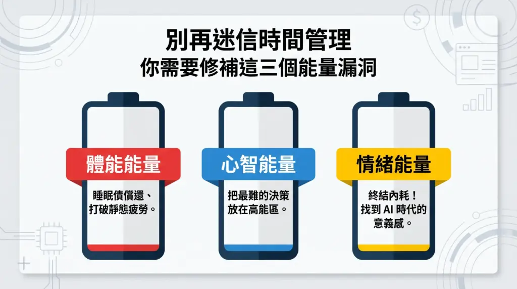 這是一張專業清晰的扁平化設計資訊卡，主標題為「別再迷信時間管理」，副標題為「你需要修補這三個能量漏洞」。畫面中央有三個並排的類似智慧型手機電池的支柱。
左側紅色電池（有紅色標籤）標題為「體能能量」，下方小字說明「睡眠債償還、打破靜態疲勞」。 中間藍色電池（有藍色標籤）標題為「心智能量」，下方小字說明「把最難的決策放在高能區」。 右側黃色電池（有黃色標籤）標題為「情緒能量」，下方小字說明「終結內耗！找到AI 時代的意義感」。
背景為乾淨的淺灰色，帶有細微的科技線索和一個美元符號圖示。