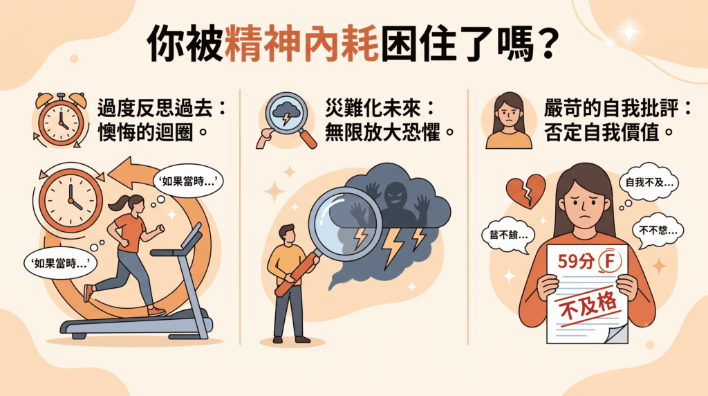 一張現代數位插畫風格的資訊圖卡，標題為「你被精神內耗困住了嗎？」。圖卡分為三個部分，列出了精神內耗的三個典型日常特徵：分別是「過度反思過去：懊悔的迴圈。」、「災難化未來：無限放大恐懼。」、以及「嚴苛的自我批評：否定自我價值。」