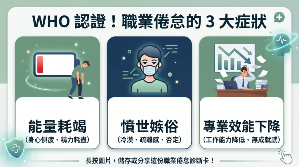 一張 WHO 認證的職業倦怠 3 大症狀診斷卡信息圖。圖片頂部標題為「WHO 認證！職業倦怠的 3 大症狀」。下方分為三個綠色面板：左側面板顯示「能量耗竭」（身心俱疲、精力耗盡）配有低電量和疲憊人物圖標；中間面板顯示「憤世嫉俗」（冷漠、疏離感、否定）配有戴口罩人物圖標；右側面板顯示「專業效能下降」（工作能力降低、無成就感）配有壓力的辦公室人物和下降圖表圖標。底部文字提示長按儲存或分享。
