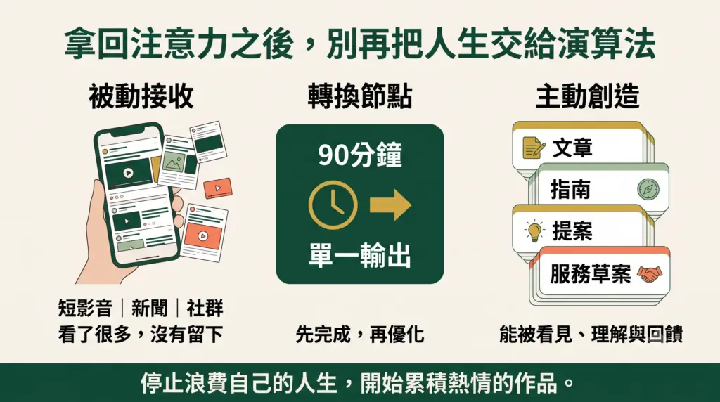 從被動接收資訊到完成個人作品的轉換圖。將被動內容消費轉成90分鐘輸出與個人作品