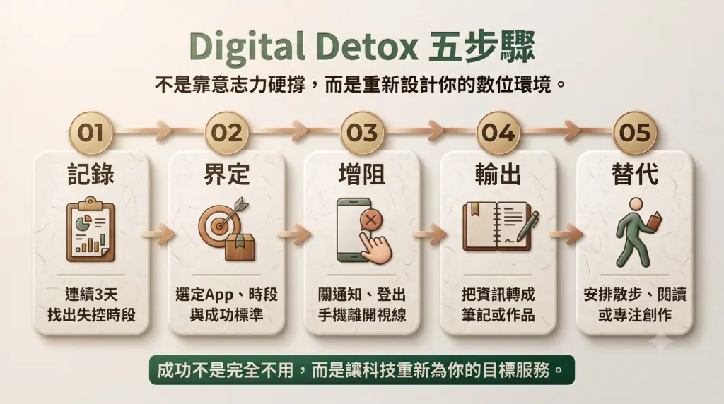 Digital Detox五步驟數位排毒行動圖。快速複習記錄、界定、增阻、輸出與替代
