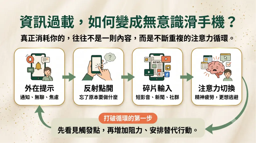 資訊過載與無意識滑手機的循環圖。說明提示、點開、碎片輸入、注意力切換與疲勞的循環