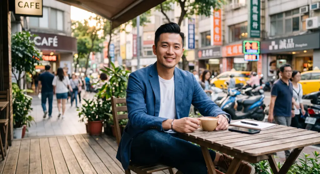 一名上班族坐在忙亂的街頭但陽光向前,象徵對生活失去動力後重新選擇方向