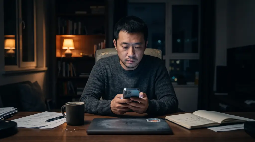 深夜坐在書桌前用手機搜尋中年轉職資訊的上班族，螢幕微光映在臉上