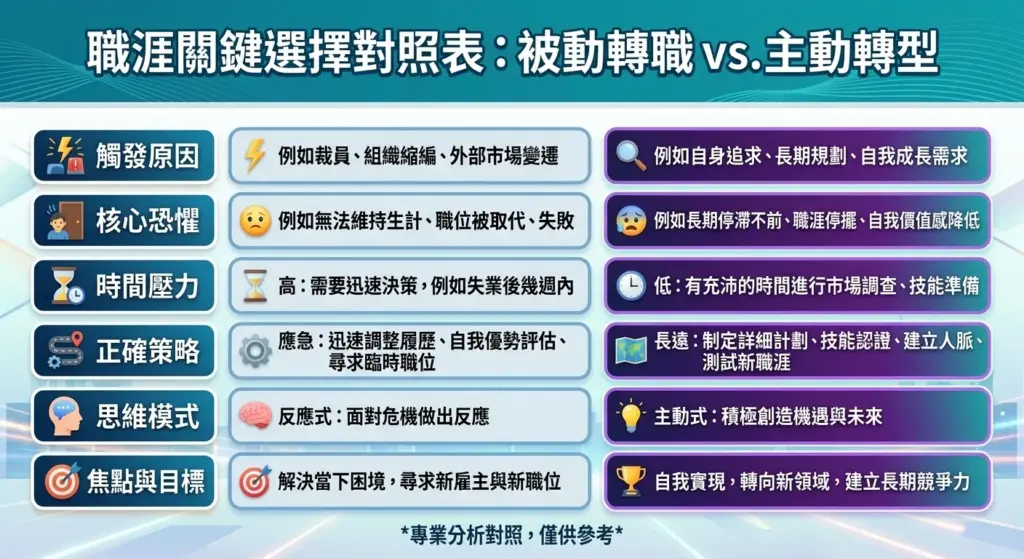 被動轉職與主動轉型的六項差異對照表，包含觸發原因、核心恐懼、時間壓力與正確策略