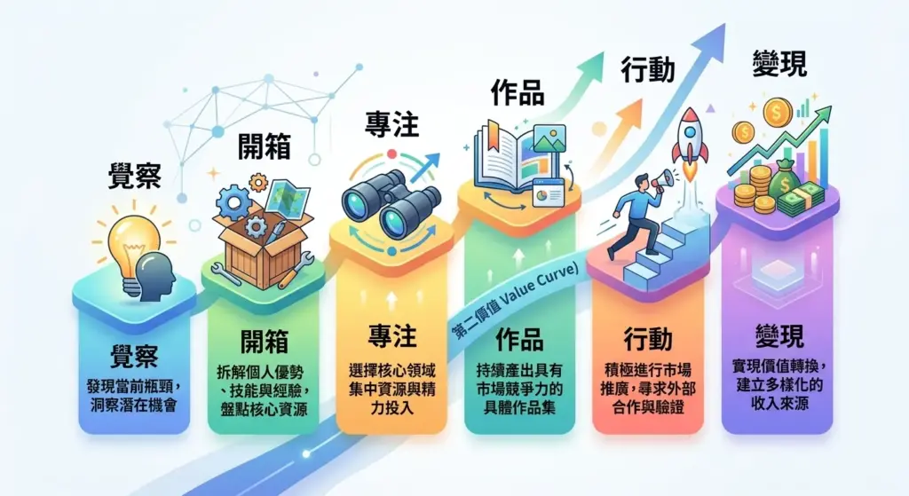 第二價值曲線六個階段流程圖：覺察、開箱、專注、作品、行動、變現